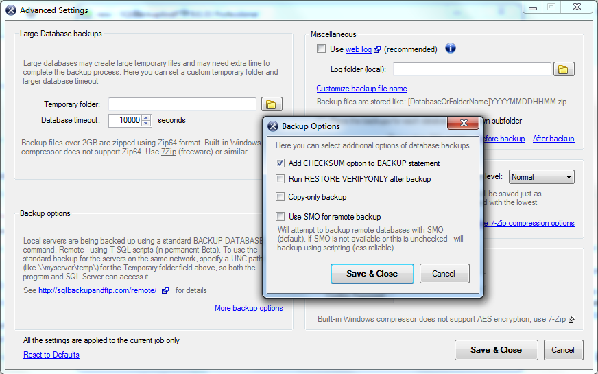 Backup Options Window.