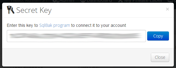 Secret Key' window for connecting to SQLBak program.