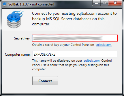 SqlBak software window for configuring backups.