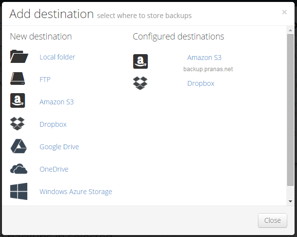 Select destination for backups.