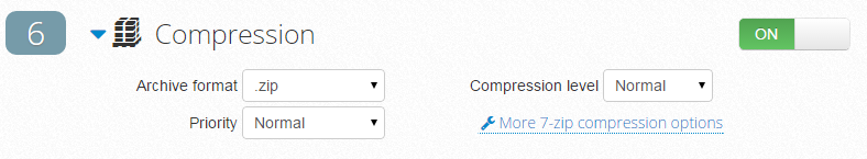 Archiving format and compression level settings.