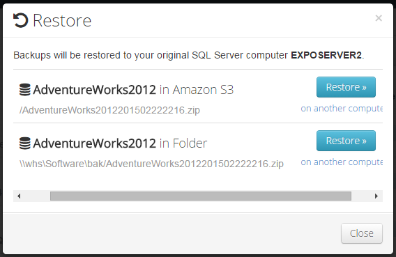 Restore dialog for AdventureWorks database backups.