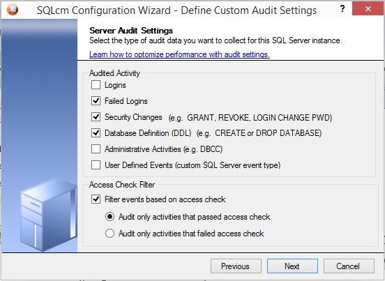 SQL Server Audit Settings.