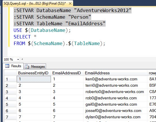 SQL Server Management Studio Variable Editor.