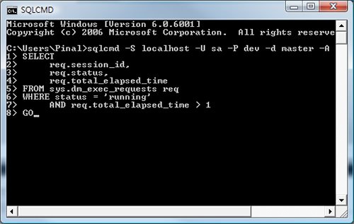 SQLCMD window showing SQL code and results.