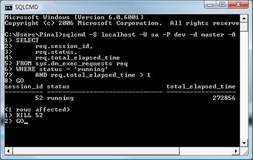 SQLCMD window displaying SQL script execution.