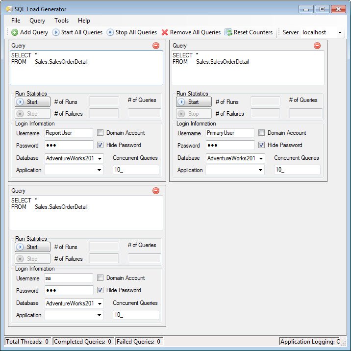 SQL load generator window.