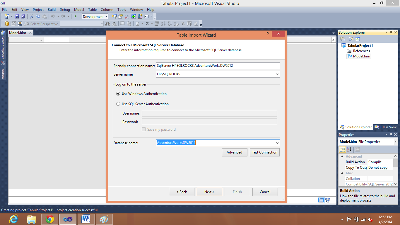 SQL Server Data Tools connection wizard.