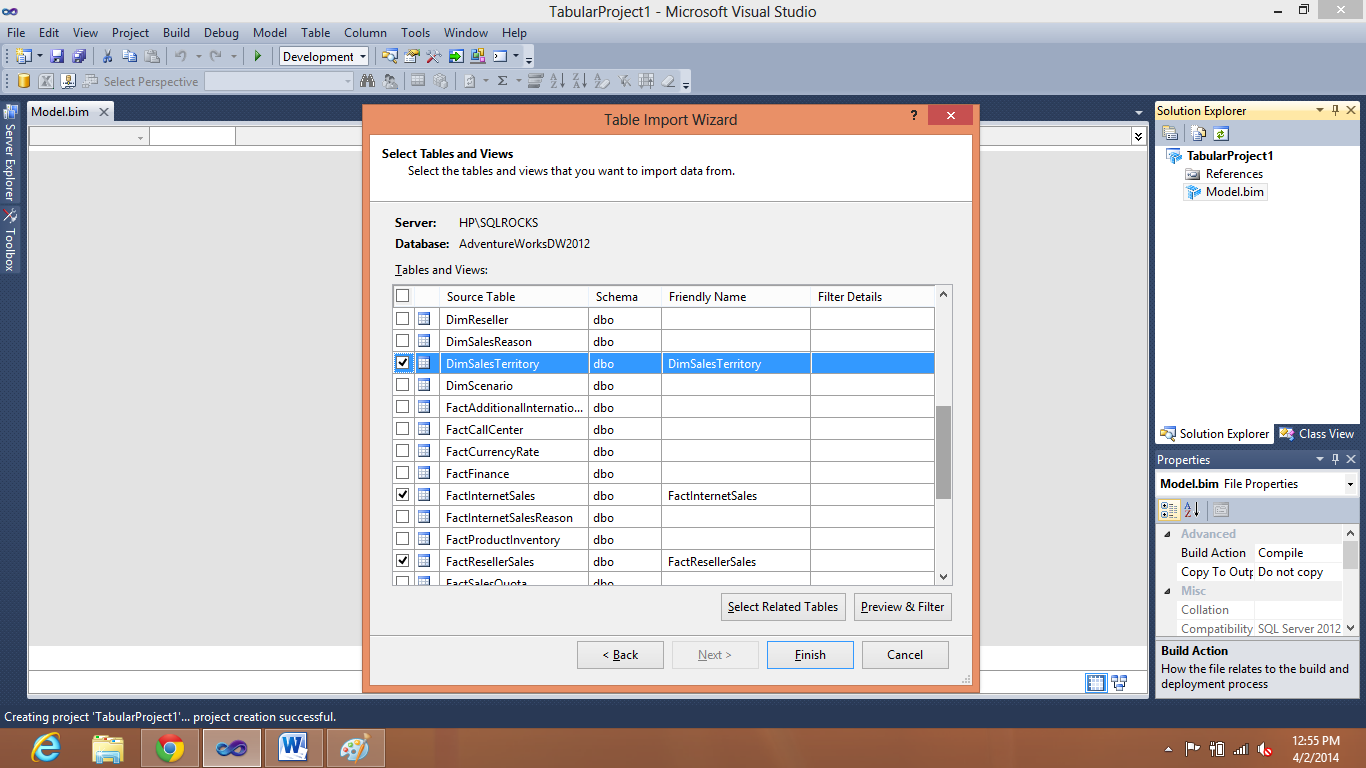 Tabular SQL Server wizard.