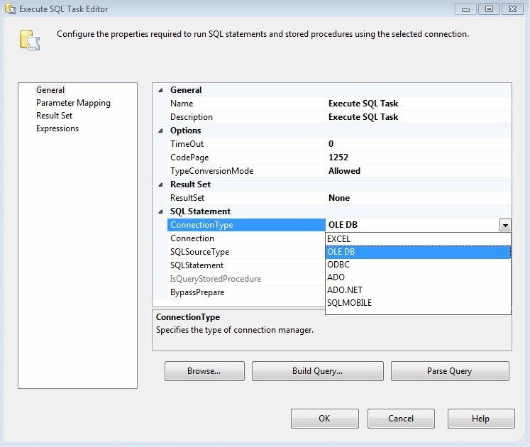 Execute SQL Task window.