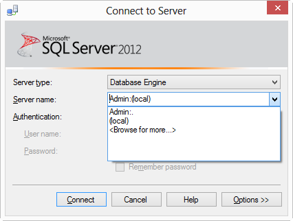 Microsoft SQL Server 2012 connection window.
