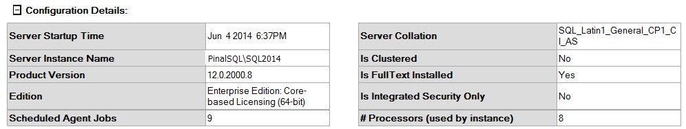 SQL Server collation and instance details.
