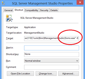 SQL Server Management Studio Properties' dialog box.