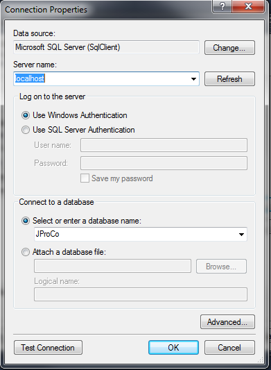 SQL Server connection dialog box.