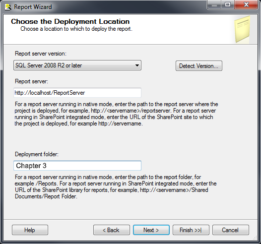 Choose the deployment location for SQL Server 2008 R2 reports.