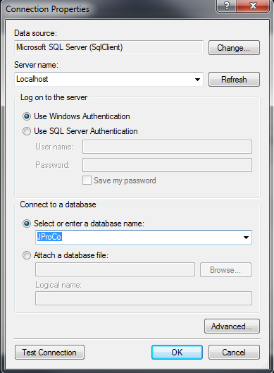 SQL Server connection properties.