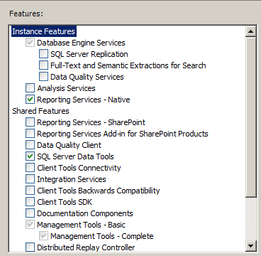 Feature list in SQL Server installation wizard.