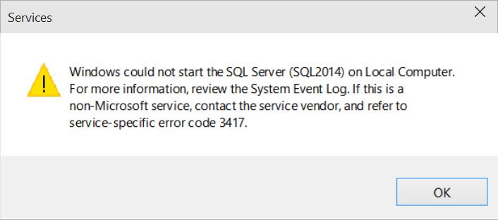 SQL Server startup error dialog.