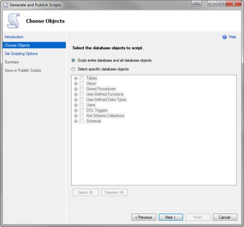SQL Server Management Studio choose objects window.