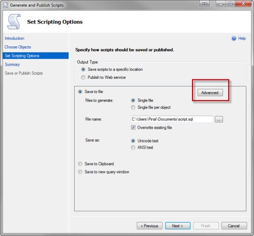 Set Scripting Options.