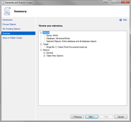 Generate publish scripts window.