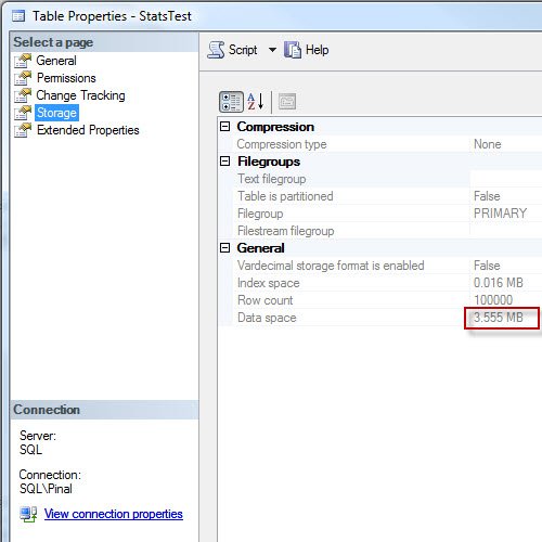 SQL Server StatsTest properties window.