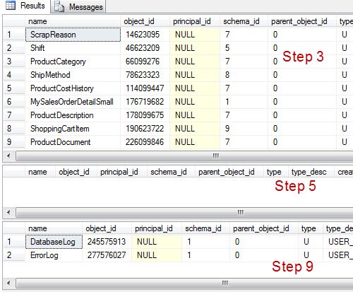 Results window with data from database schema.