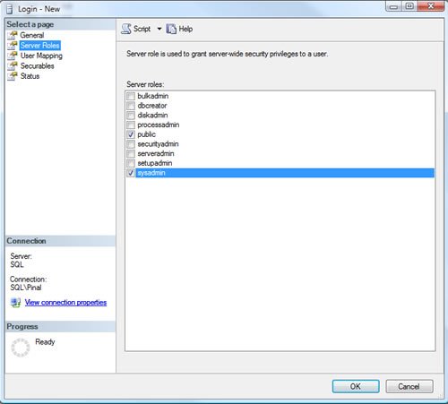 SQL Server user roles dialog box.