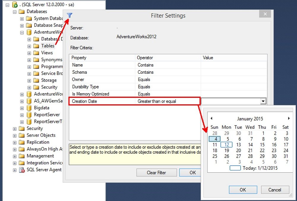 SQL server database filter settings.