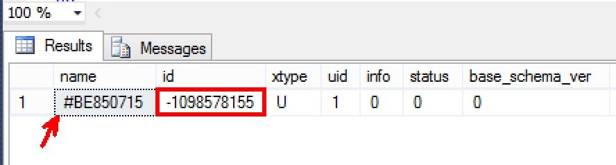 SQL Server Management Studio result window.