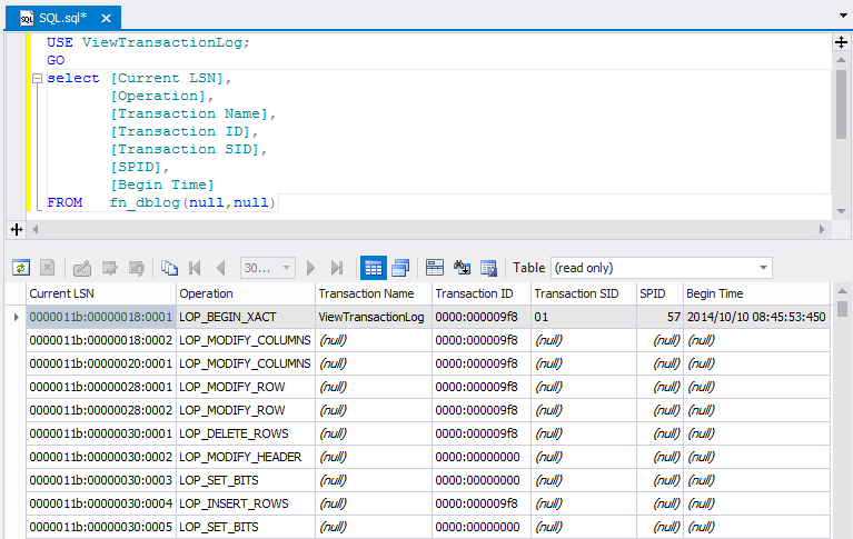 SQL transaction log query window.