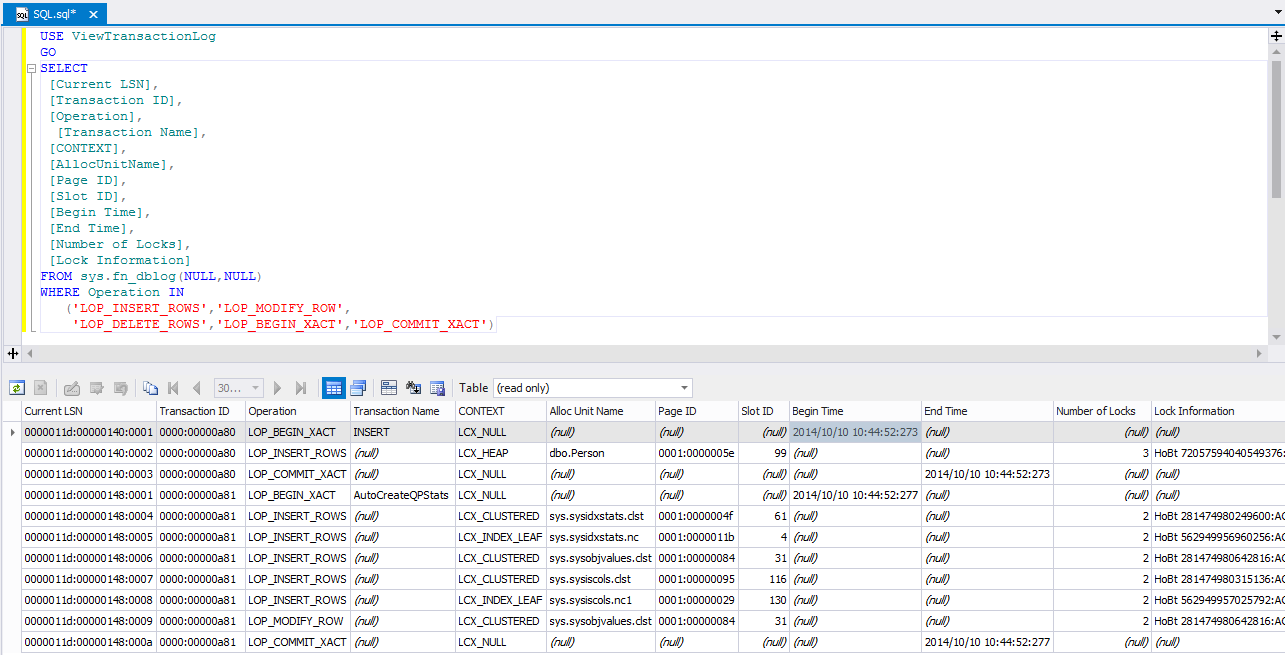 Beginning Reading Transaction Log File.