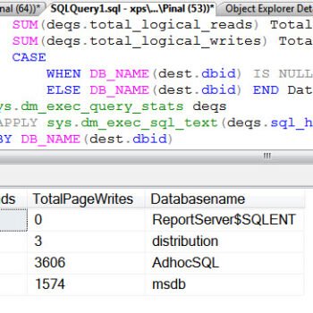 A SQL Server performance tool window.