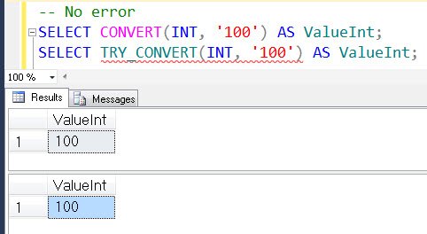 SELECT CONVERT and TRY CONVERT syntax and results.