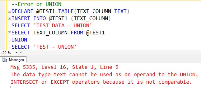 SQL union error dialog.