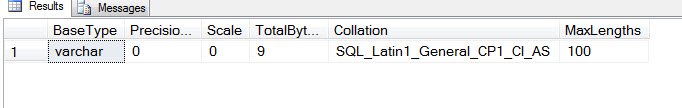SQL Server datatype and properties window.