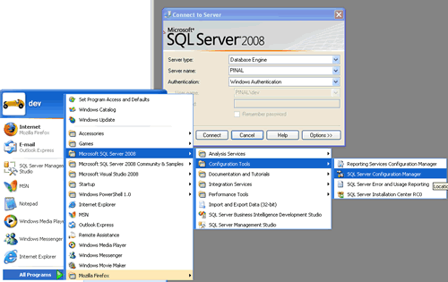 SQL Server 2008 'Connect to Server' dialog.