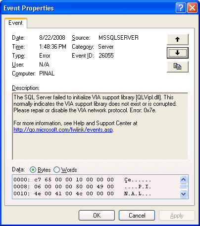 SQL Server Error Dialog.