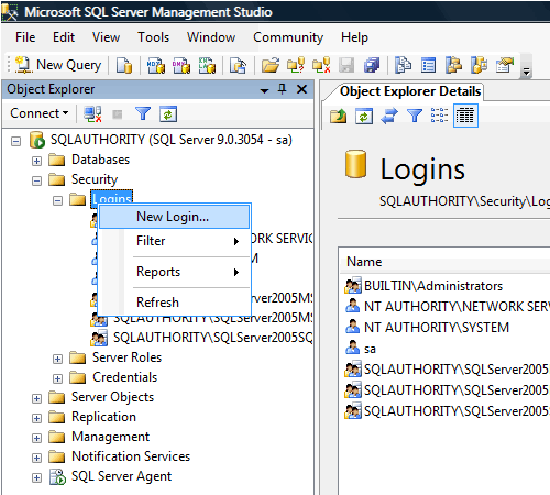 SQL Server Management Studio - Logins.