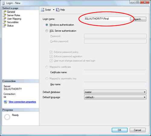 SQL Server Authentication Window.