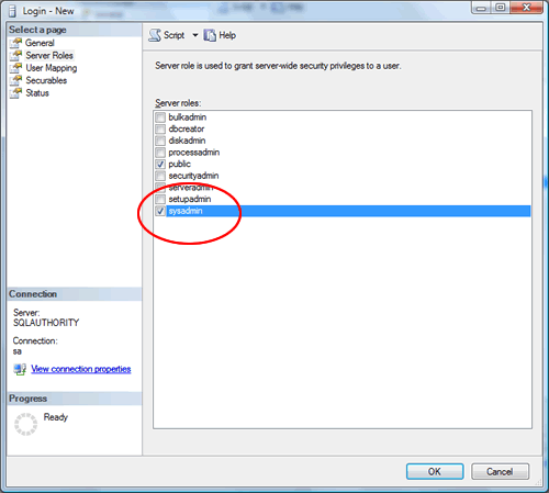 SQL Server login settings window.