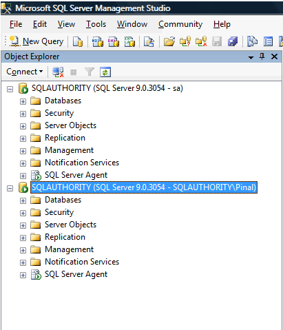 SQL AUTHORITY' Object Explorer window in SQL Server Management Studio.