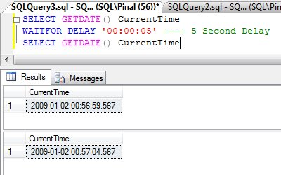 WAITFOR dialog showing current time and delay.