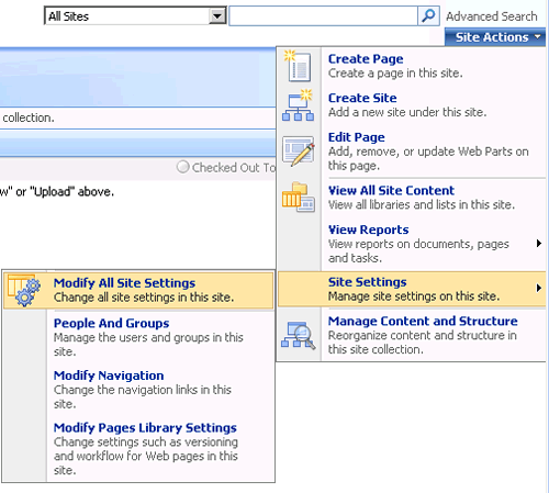 SharePoint site actions dropdown.