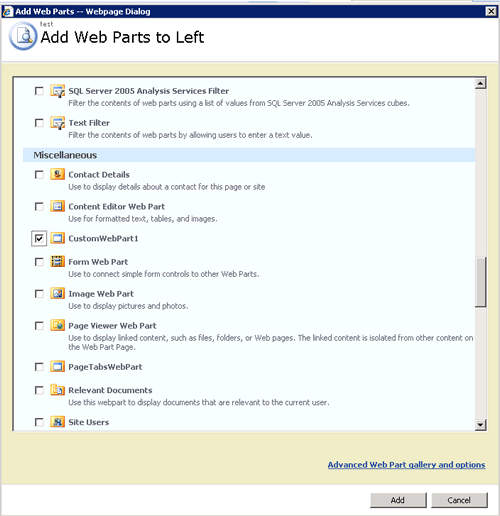 WebPart options.
