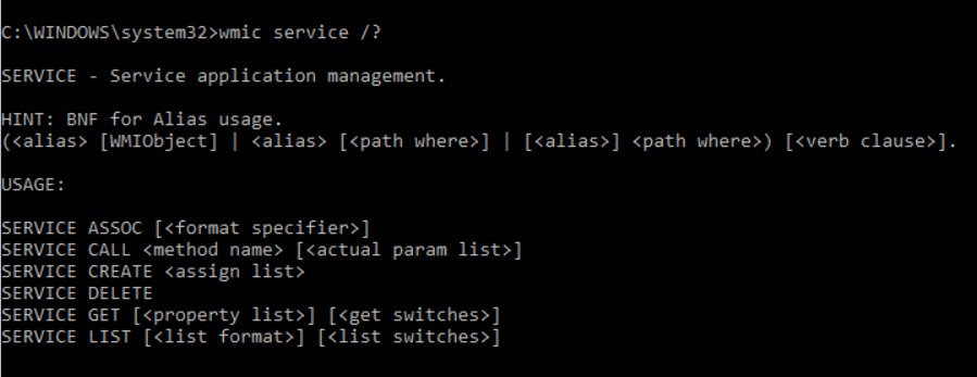 Wmic service command prompt window.