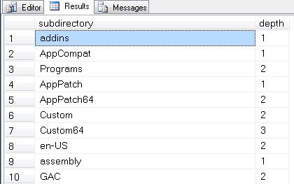 SQL Server xp_dirtree window.