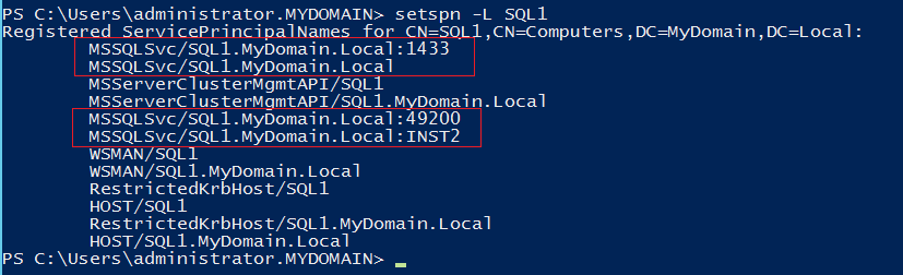 Sql command window displaying service principals.