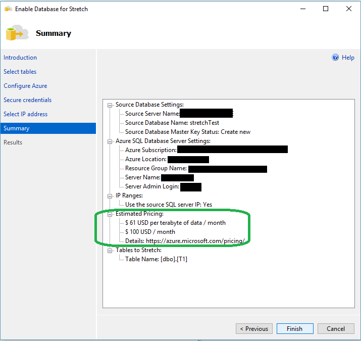 Displaying database settings summary.