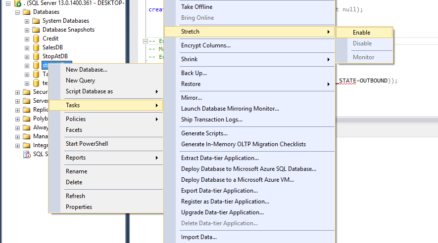 Enable Stretch Database Window.